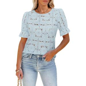 imageWomens Eyelet Tops Puff Short Sleeve Blouses Dressy Casual Cute Hollow Out Crochet Lace Embroidered Summer ShirtsBlue