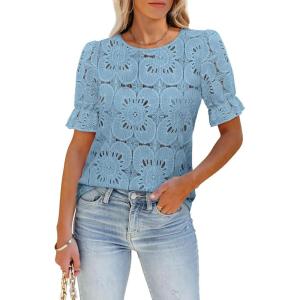 imageWomens Eyelet Tops Puff Short Sleeve Blouses Dressy Casual Cute Hollow Out Crochet Lace Embroidered Summer ShirtsBlue Grey