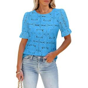 imageWomens Eyelet Tops Puff Short Sleeve Blouses Dressy Casual Cute Hollow Out Crochet Lace Embroidered Summer ShirtsBright Blue