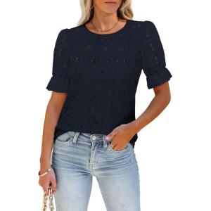 imageWomens Eyelet Tops Puff Short Sleeve Blouses Dressy Casual Cute Hollow Out Crochet Lace Embroidered Summer ShirtsDeep Blue