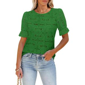 imageWomens Eyelet Tops Puff Short Sleeve Blouses Dressy Casual Cute Hollow Out Crochet Lace Embroidered Summer ShirtsGreen