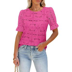 imageWomens Eyelet Tops Puff Short Sleeve Blouses Dressy Casual Cute Hollow Out Crochet Lace Embroidered Summer ShirtsHot Pink