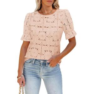 imageWomens Eyelet Tops Puff Short Sleeve Blouses Dressy Casual Cute Hollow Out Crochet Lace Embroidered Summer ShirtsPink