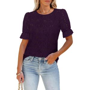 imageWomens Eyelet Tops Puff Short Sleeve Blouses Dressy Casual Cute Hollow Out Crochet Lace Embroidered Summer ShirtsPurple