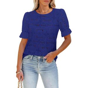 imageWomens Eyelet Tops Puff Short Sleeve Blouses Dressy Casual Cute Hollow Out Crochet Lace Embroidered Summer ShirtsRoyal Blue