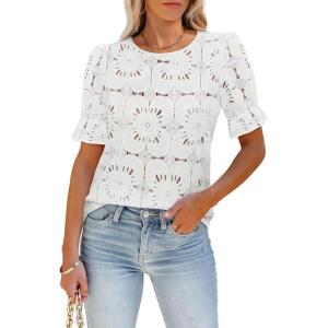 imageWomens Eyelet Tops Puff Short Sleeve Blouses Dressy Casual Cute Hollow Out Crochet Lace Embroidered Summer ShirtsWhite