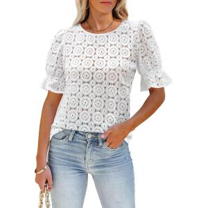 imageWomens Eyelet Tops Puff Short Sleeve Blouses Dressy Casual Cute Hollow Out Crochet Lace Embroidered Summer ShirtsWhite Lace