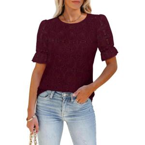 imageWomens Eyelet Tops Puff Short Sleeve Blouses Dressy Casual Cute Hollow Out Crochet Lace Embroidered Summer ShirtsWine Red