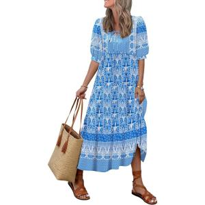 imageWomens Floral Boho Maxi Dress 2025 Summer V Neck Puff Sleeve Casual Loose Flowy Long Beach DressesBlue