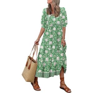 imageWomens Floral Boho Maxi Dress 2025 Summer V Neck Puff Sleeve Casual Loose Flowy Long Beach DressesGreen