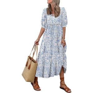 imageWomens Floral Boho Maxi Dress 2025 Summer V Neck Puff Sleeve Casual Loose Flowy Long Beach DressesLight Blue