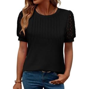 imageWomens Lace Short Sleeve Tops Dressy Casual Blouses Business Work Office T Shirts 2025 Trendy Summer ClothesBlack
