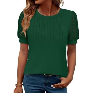 imageWomens Lace Short Sleeve Tops Dressy Casual Blouses Business Work Office T Shirts 2025 Trendy Summer ClothesGreen