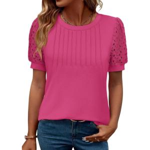 imageWomens Lace Short Sleeve Tops Dressy Casual Blouses Business Work Office T Shirts 2025 Trendy Summer ClothesHot Pink