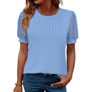imageWomens Lace Short Sleeve Tops Dressy Casual Blouses Business Work Office T Shirts 2025 Trendy Summer ClothesLight Blue
