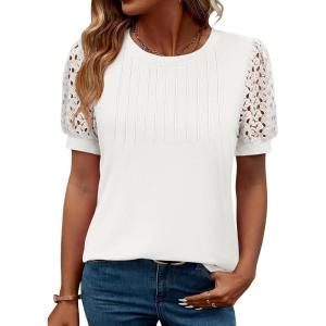 imageWomens Lace Short Sleeve Tops Dressy Casual Blouses Business Work Office T Shirts 2025 Trendy Summer ClothesWhite