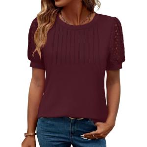 imageWomens Lace Short Sleeve Tops Dressy Casual Blouses Business Work Office T Shirts 2025 Trendy Summer ClothesWine Red