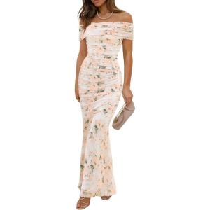 imageWomens Mesh Floral Maxi Dress 2025 Summer Off The Shoulder Ruched Bodycon Long Cocktail Party Fitted DressesBeige