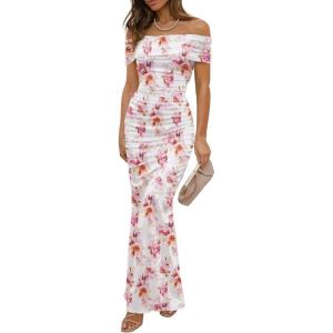 imageWomens Mesh Floral Maxi Dress 2025 Summer Off The Shoulder Ruched Bodycon Long Cocktail Party Fitted DressesBeige Floral