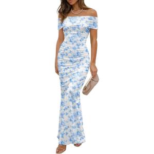 imageWomens Mesh Floral Maxi Dress 2025 Summer Off The Shoulder Ruched Bodycon Long Cocktail Party Fitted DressesBlue