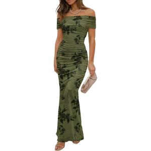 imageWomens Mesh Floral Maxi Dress 2025 Summer Off The Shoulder Ruched Bodycon Long Cocktail Party Fitted DressesGreen