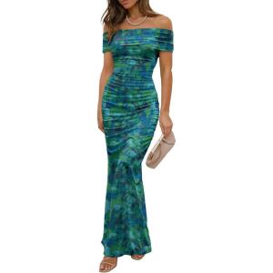 imageWomens Mesh Floral Maxi Dress 2025 Summer Off The Shoulder Ruched Bodycon Long Cocktail Party Fitted DressesLake Blue