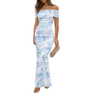 imageWomens Mesh Floral Maxi Dress 2025 Summer Off The Shoulder Ruched Bodycon Long Cocktail Party Fitted DressesLight Blue
