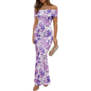imageWomens Mesh Floral Maxi Dress 2025 Summer Off The Shoulder Ruched Bodycon Long Cocktail Party Fitted DressesPurple