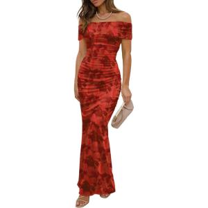 imageWomens Mesh Floral Maxi Dress 2025 Summer Off The Shoulder Ruched Bodycon Long Cocktail Party Fitted DressesRed Floral
