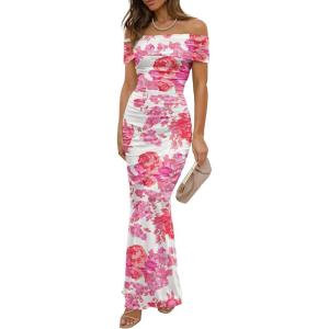 imageWomens Mesh Floral Maxi Dress 2025 Summer Off The Shoulder Ruched Bodycon Long Cocktail Party Fitted DressesWhite Floral