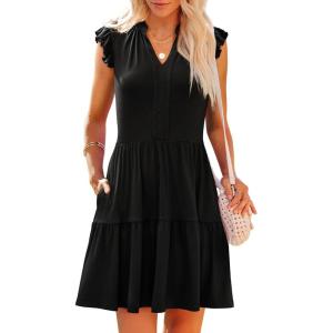 imageWomens Summer Casual Mini Dress Ruffle Sleeve V Neck Boho Sundress Flowy Babydoll Tiered Short Beach Vacation DressesBlack