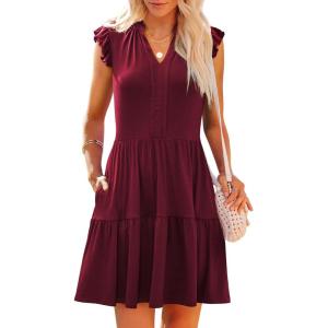 imageWomens Summer Casual Mini Dress Ruffle Sleeve V Neck Boho Sundress Flowy Babydoll Tiered Short Beach Vacation DressesWine Red
