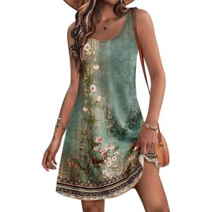 imageWomens Summer Dress 2025 Sleeveless Floral Boho Sundress Swimsuit Coverup Casual Loose Beach Vacation Tank DressesFloral Green 8