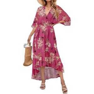 imageWomens Summer Floral Boho Dress 34 Sleeve Wrap V Neck Flowy Casual Loose Wedding Guest Long Maxi Ruffle DressesPurple