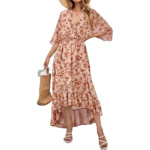 imageWomens Summer Floral Boho Dress 34 Sleeve Wrap V Neck Flowy Casual Loose Wedding Guest Long Maxi Ruffle DressesRed
