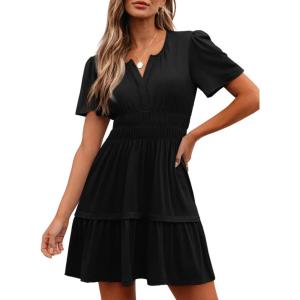imageWomens Summer Mini Dress Casual Short Sleeve V Neck Smocked Waist Sundress Flowy Tiered Short Beach Vacation DressesBlack