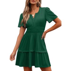 imageWomens Summer Mini Dress Casual Short Sleeve V Neck Smocked Waist Sundress Flowy Tiered Short Beach Vacation DressesGreen