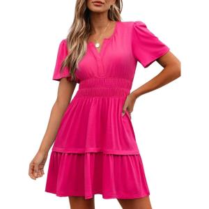 imageWomens Summer Mini Dress Casual Short Sleeve V Neck Smocked Waist Sundress Flowy Tiered Short Beach Vacation DressesHot Pink