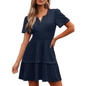 imageWomens Summer Mini Dress Casual Short Sleeve V Neck Smocked Waist Sundress Flowy Tiered Short Beach Vacation DressesNavy