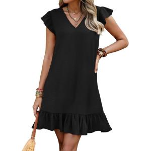 imageWomens Summer Mini Dress Flutter Sleeve V Neck Casual Loose Swimsuit Cover Up Flowy Ruffle Beach Vacation SundressesBlack