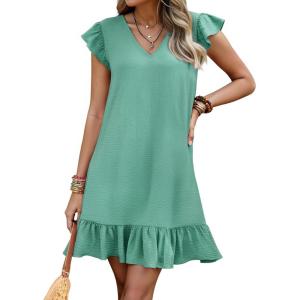 imageWomens Summer Mini Dress Flutter Sleeve V Neck Casual Loose Swimsuit Cover Up Flowy Ruffle Beach Vacation SundressesLight Green