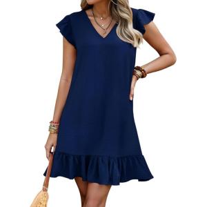 imageWomens Summer Mini Dress Flutter Sleeve V Neck Casual Loose Swimsuit Cover Up Flowy Ruffle Beach Vacation SundressesRoyal Blue
