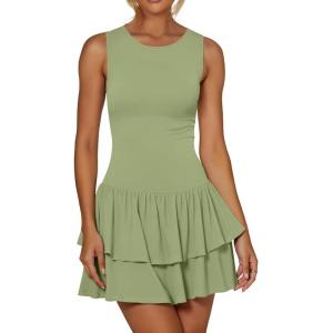 imageWomens Summer Mini Dress Sleeveless Crewneck Short Tank Sundress Flowy Ruffle Tiered Cocktail Party DressesLight Green