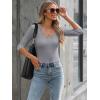 image34 Length Sleeve Womens Tops Lace Sexy V Neck Ribbed Knit Fitted T Shirts Dressy Casual Blouses Going Out TopsGrey