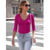 image34 Length Sleeve Womens Tops Lace Sexy V Neck Ribbed Knit Fitted T Shirts Dressy Casual Blouses Going Out TopsHot Pink