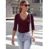 image34 Length Sleeve Womens Tops Lace Sexy V Neck Ribbed Knit Fitted T Shirts Dressy Casual Blouses Going Out TopsWine Red