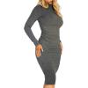 imageKaximil Womens Ribbed Basic Casual Midi Dress Long Sleeve Bodycon Ruched Club DressesDark Grey