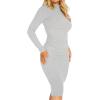 imageKaximil Womens Ribbed Basic Casual Midi Dress Long Sleeve Bodycon Ruched Club DressesGray
