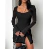 imageKaximil Womens Sexy Bodycon Mesh Long Sleeve Square Neck Slit Party Short Mini DressBlack