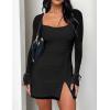 imageKaximil Womens Sexy Bodycon Mesh Long Sleeve Square Neck Slit Party Short Mini DressBlack
